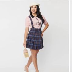 Pink And Navy Plaid Mini Skirt With Suspenders Attached New With Tags Preppy Pink Bottoms For School, Retro Fitted Pink Skort, Retro School Skort, Preppy Pink Mini Skirt, Skirt With Suspenders, Skirts Plaid, Frilly Skirt, Wrap Skort, Green Mini Skirt