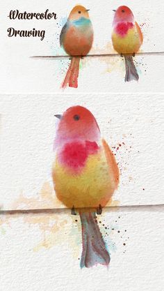 three watercolor birds sitting on top of each other, one red and the other yellow