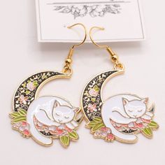 Handmade Earrings Style: Ornate Cat On The Moon Comes With Organza Bag New Makes A Great Gift For Any Occasion Or Holiday! Don't Forget To Check Out My Other Styles! Keywords: Cat Lover, Cat, Kitten, Pet Lover, Pet Parent, Cat Lady, Present, Hanging, Earring, Drop, Birthday, Gift, Handmade, Made In Usa, Nj Artist, Female Owned, Artisan, Craft, Artemis, Sailor Moon, Sailor Scout, Kawaii White Cat Sleeping, Cat On The Moon, Moon Sailor, Hanging Earring, Sailor Scout, Floral Moon, Cat Sleeping, On The Moon, Moon Earrings