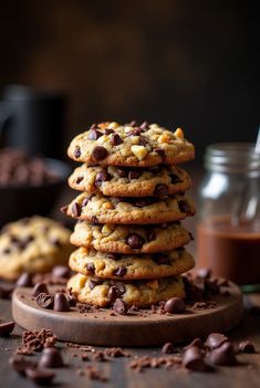 Triple chocolate chunk cookies stacked high with visible chocolate chunks, styled with chocolate shavings for a rich look. Perfect Cookies, Chocolate Chunk, Triple Chocolate