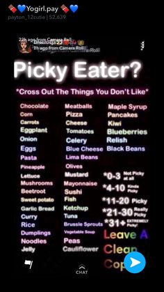 the menu for picky eater is shown in this screenshot