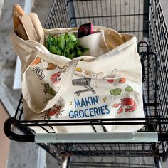 "Ditch the plastic and make groceries like a local. This large reusable grocery bag holds enough groceries to make a full pot of gumbo! This oversized, zippered, gusseted, canvas tote bag has an inside zippered pocket that will conveniently hold your sunglasses, wallet, phone, and farmer's market coins. Plus, the cute illustration of groceries by New Orleans artist Kristin Malone serves as a locals' check list so you dont forget the essentials. Machine washable, too! The bag measures 19\" wide x Cheap Bags For Grocery Shopping In Summer, Luxury Vegetable-tanned Shoulder Bag For Shopping, Affordable Artsy Shopping Bags, Reusable Grocery Bag Brands, Grocery Store Get Well, Cheap Artsy Shopping Bags, Cheap Reusable Canvas Grocery Bag, Grocery Shopping Clothes, Cheap Reusable Bags For Grocery Shopping