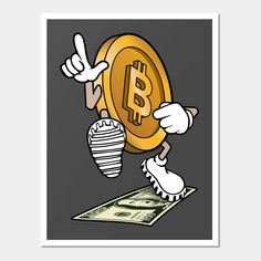 a cartoon character is holding up a bit coin