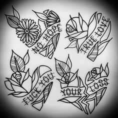 some tattoos with flowers and words on them