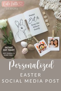 personalized easter social media post with an open book, flowers and photos on the table