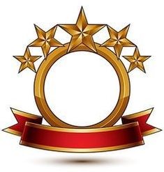 a gold ring with five stars and a red ribbon around the center, on a white background