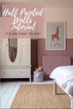 a bedroom with pink walls and white furniture