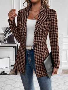 Plus Size Notched Collar Long Sleeve Minimalist Blazer For Casual Wear Brown Elegant  Long Sleeve Knitted Fabric Houndstooth,Plaid Regular Medium Stretch  Women Plus Clothing, size features are:Bust: ,Length: ,Sleeve Length: Leopard Print Blazer, Blazer Casual, Fitted Blazer Jacket, Plus Size Blazer, Elegant Clothes, New Jacket, Slim Fit Blazers, Autumn Casual, Autumn Outfits