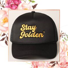 Stay Golden Embroidery Mesh Back Trucker Hat "Stay Golden" Letter Embroidery Stylish Embroidery Cap 5 Panel Mesh Back Cap Casual Hat for Everyday Fashion Colors: White, Black *One Size Fits All - Adjustable Strap Makes Fit Comfortable* Embroidered Gold Cap Hat, Gold Embroidered Cap Hat, Gold Embroidered Cap, Golden Embroidery, Embroidery Caps, Stay Golden, Casual Cap, Letter Embroidery, Casual Hat