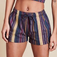 Condition: New With Tags 100% Cotton Shorts With Purple, Teal, And Yellow Stripes. Striped Cotton Beachwear Bottoms, Bohemian Striped Bottoms For Vacation, Striped Cotton Shorts For Beach Season, Vacation Striped Cotton Shorts, Striped Cotton Shorts For Vacation, Striped Cotton Beach Shorts, Hippie Shorts, Fantasy High, Suede Shorts