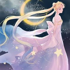 a woman with long blonde hair is standing in front of the moon and stars that are flying above her