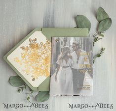 Are you looking for the perfect Save the Date cards for your upcoming wedding or special event? Look no further than our stunning Sage green Gold wild flowers Save the Date Cards with Photo. These elegant cards feature a beautiful sage green background adorned with gold foil wild flowers, creating a romantic and whimsical design. If you're looking for something more unique and modern, consider our Vellum Save Our Dates with Photo Gold Foil Calendar Cards. These translucent vellum cards feature a