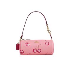 Printed Coated Canvas And Smooth Leather Zip-Top Closure, Fabric Lining Handle With 6 3/4" Drop 7 3/4" (L) X 3 1/4" (H) X 3 1/4" (W) Style No. Cr371 Cherry Red Purse, Cherry Coach Purse, Coach Cherry Collection, Cherry Aesthetics, Cherry Coach Wallet, Cherry Bag, Christmas Checklist, Outfit Inso, Barrel Bag