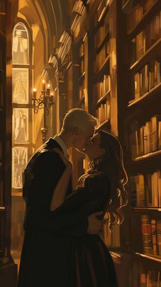 a man and woman kissing in front of a library full of book shelves filled with books