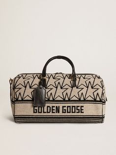 Men's duffle bag in milk-white jacquard wool and black lettering | Golden Goose Luxury Everyday Bag With Embroidered Logo, Luxury Beige Duffle Bag, Beige Monogram Print Bag For Everyday Use, Beige Monogram Print Travel Bag, White Monogram Canvas Bag With Leather Trim, White Monogram Canvas Bags With Leather Trim, Mens Duffle Bag, Golden Family, Dream Wishlist