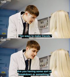 a man in a lab coat and tie looking at something