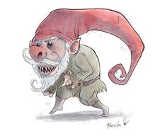 a drawing of a troll with a red hat and long white beard holding a mouse