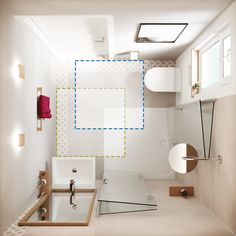 a bathroom with a sink, mirror and other items on the wall in it's corner