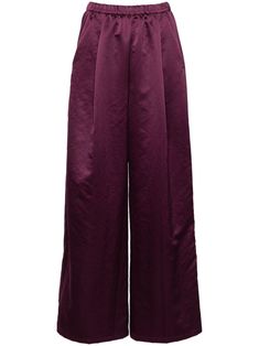 dark aubergine purple satin finish elasticated waistband two side slash pockets pleat detailing to the front full-length rear welt pocket wide leg concealed side hook and zip fastening Satin Palazzo Pants, Purple Wide Leg, Versace Designer, Dark Magenta, Palazzo Trousers, Yoko London, Purple Satin, Shirt Skirt, Palazzo Pants