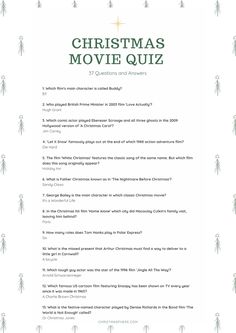 the christmas movie quiz is shown in green and white with an image of trees on it