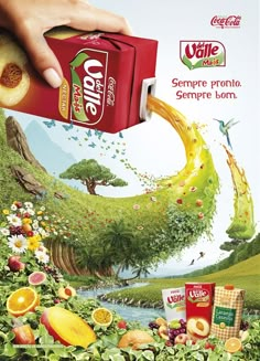 an advertisement for juice is shown with fruit and vegetables in the foreground, as well as a hand pouring orange juice into a carton