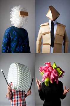 four different images of people with paper machs on their heads and hands, one is holding a pair of scissors