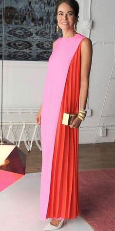 Pink Color Block Party Dress, Pink Color Block Maxi Dress, Red Color Block Party Dress, Chic Pink Maxi Dress For Banquet, Summer Evening Color Block Dress, Elegant Color Block Party Dress, Orange Color Block Party Dress, Long Pink Pleated Dress, Pink Sleeveless Color Block Maxi Dress