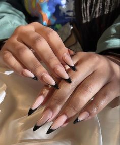 Classy Design Nails, Sleek Black Nails, Long Almond Nails Designs Aesthetic, Fabulous Nails Classy, Classy Acrylic Nails Almond, Long Almond French Tip Nails, French Tip Acrylic Nails Almond, Long Almond Nails Designs, Stiletto French Tip Nails