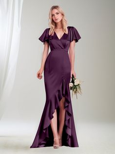 #color_Plum Long Satin Dresses, Satin Hoco Dress, Stylish Maxi Dress, Short Sleeves Dress, Satin Formal Dress, Mermaid Fabric, Exquisite Gowns, Satin Dress Long, Sequin Prom Dresses