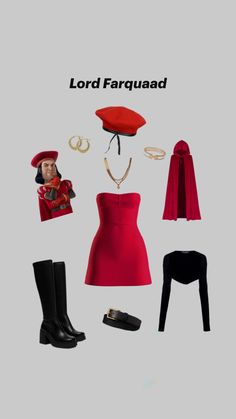 red dress, black boots, red cape, black belt, gold jewelry, easy last minute costumes for Halloween, funny Shrek Lord Farquaad, Red Cape Costume, Easy Last Minute Halloween Costume, Halloween Costumes For Brunettes, Easy Halloween Outfit, Lord Farquaad, Last Minute Halloween Costume, Matching Halloween Costumes