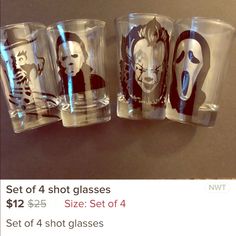 four shot glasses with different designs on them for $ 12 each set of 4 shot glasses