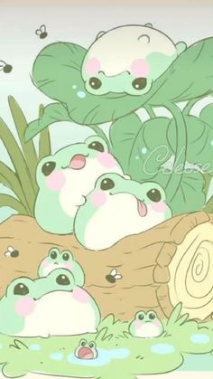 a group of cartoon animals sitting on top of a log in the water next to plants