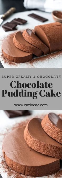 chocolate pudding cake is cut into slices and placed on a white plate with the words super cream chocolate