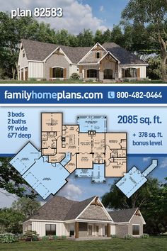 this is an image of a house plan with 3 bedroom and 2 bathes in it