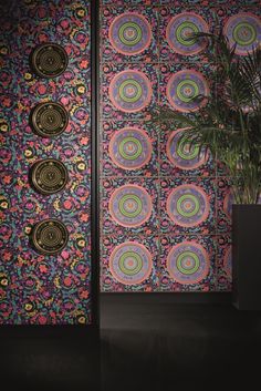 an artisticly designed wallpaper with colorful circles and flowers on it, next to a potted plant