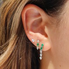 These stud earrings feature diamonds and emeralds set in 14KT Gold. Dia 0.58cts | Emerald 0.44cts Drop measures 21mm Sold as a single Earring Photography, Pear Diamond Earrings, Fancy Stuff, Emerald Earrings Drop, Pear Earrings, Prom Inspo, Diamond Earrings Design, Emerald Earrings Studs, Emerald Engagement Ring Cut