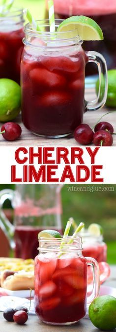 cherry limeade in mason jars with cherries and limes around the rim, on a table