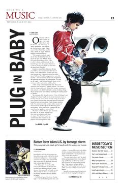 a man playing an electric guitar on top of a magazine page with words written in english