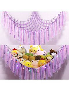 a basket filled with lots of stuffed animals sitting on top of a bed covered in purple tassels