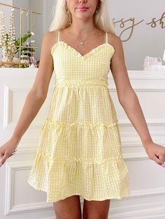 You're So Golden Yellow Gingham Dress | Sassy Shortcake | sassyshortcake.com Cute Tiered Ruffled Sundress, Cute Tiered Ruffle Sundress, Cute Tiered Dress With Ruffle Hem, Mini Sundress With Ruffles For Picnic, Spring Sundress With Ruffled Straps For Picnic, Cute Ruffled Strap Dresses For Picnic, Gingham Dress With Ruffled Hem And Straps, Picnic Gingham Sundress With Ruffles, Cute Tiered Sundress With Ruffle Hem