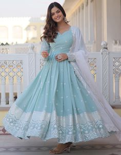 Traditional Function Wear Heavy Readymade Gown With Dupatta Collection Sky Faux Georgette Pant Gown Front View डिजाइनर कपड़े, Blue Anarkali, Gown With Dupatta, Designer Gown, Bollywood Lehenga, Exquisite Gowns, Anarkali Gown, Party Kleidung, Madhuri Dixit