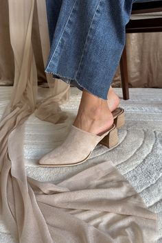 Stephanie Taupe Slide-On Mule- right side view Luxury Closed Toe Mules With Tang Buckle, Cheap Trendy Mules With Stacked Heel, Luxury Pointed Toe Mules With Stacked Heel, Luxury Sleek Pointed Toe Mules, Cheap Beige Pointed Toe Mules, Luxury Pointed Toe Slip-ons With Textured Sole, Luxury Suede Pointed Toe Mules, Trendy Slide Mules At Affordable Prices, Luxury Spring Mules With Stacked Heel