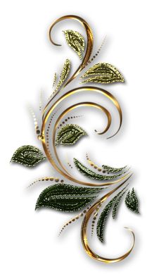 an artistic gold and silver design with green leaves