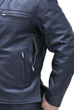 Men's vented leather cafe racer jacket for an economical price. This black leather jacket for men comes with 3 front and 2 back zipper vents, zip out full sleeve lining, side zippers for sitting comfort, zip front pockets, mandarin collar and heavy duty YKK hardware. The inside concealed pocket has a barrel loop inside to keep your device in place and for easy access. This concealed Pocket moto jacket is an ideal four season riding jacket and made of top grain cowhide leather. The vents keep the air flowing through while riding, or keep them closed for maximum warmth. Sizes: S, M, L, XL, 2X, 3X, 4X, 5X. +$10 for 2X-3X, +$20 for 4X-5X. [7#] inside concealed pocket with barrel loop side zippers for sitting comfort zip front chest pocket vent zip vertical front side vents zip vertical back si Moto Style Outerwear With Zipper For Motorcycling, Moto Leather Jacket With Zipper For Biker Events, Moto Style Leather Jacket With Zipper For Biker Events, Classic Biker Jacket With Pockets For Biker Events, Moto Biker Jacket With Zipper Closure For Events, Classic Leather Jacket With Zipper For Biker Events, Biker Outerwear With Ykk Zipper For Motorcycling, Fitted Biker Jacket With Ykk Zipper For Motorcycling, Fitted Biker Jacket With Pockets For Motorcycling