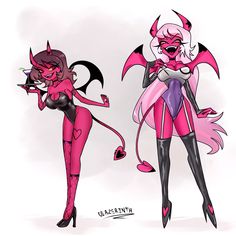 two cartoon characters are dressed in pink and black outfits, one with horns on her head