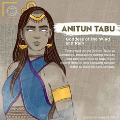 an illustration of the goddess of the wind and rain, with words written below it