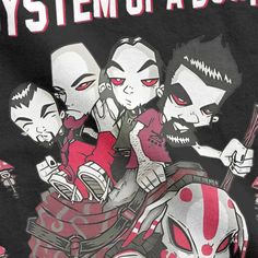 the system of a down t - shirt is shown in red and black with skulls on it