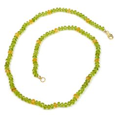 Peridot/Citrine Necklace with Gold Filled Trigger Clasp Approx. 21 1/2" long Bead Size : 5mm faceted rondelles Handcrafted at Beads of Paradise NYC Peridot is the official birthstone for the month of August and is also the stone for the Zodiac sign of Leo and Virgo. Peridot is a unique stone because it only comes in one color, green, although, the shade and hue vary depending on the iron content. Peridot is also the only gemstone that is sometimes found in meteorites. Historically the volcanic i Peridot Gemstone Beads Jewelry, Citrine Faceted Round Beads Jewelry, Citrine Jewelry With Faceted Round Beads, Faceted Citrine Beads Jewelry, Green Faceted Rondelle Gemstones, Green Rondelle Faceted Beads Gemstones, Month Of August, Peridot Necklace, Citrine Necklace