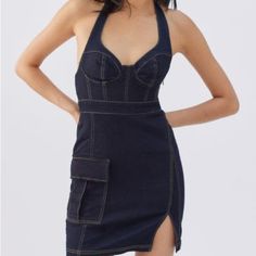 So Cute And So Flattering! Never Worn! Dark Wash Mini Dress With Pockets, Spring Denim Blue Denim Dress For Night Out, Spring Night Out Denim Blue Denim Dress, Summer Cotton Denim Dress For Night Out, Cotton Denim Dress For Summer Night Out, Fitted Denim Blue Mini Dress For Day Out, Dark Wash Mini Dress For Spring Night Out, Fitted Cotton Denim Dress For Night Out, Spring Dark Wash Mini Dress For Night Out