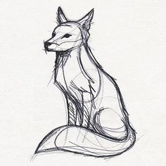 a black and white drawing of a fox sitting on top of a sheet of paper